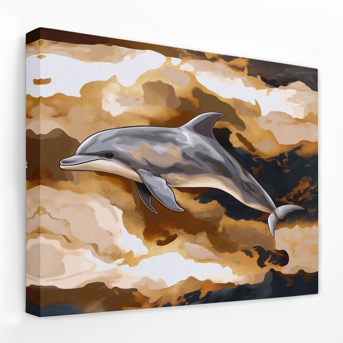 Dancing dolphins abstract ocean canvas print with fluid marine life artwork in deep blues and teals