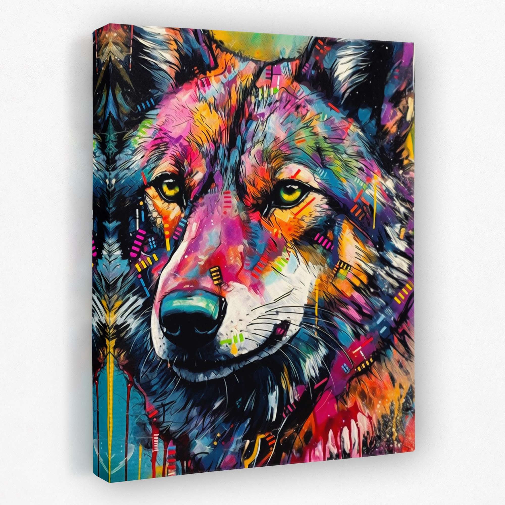 Hype Wolf canvas hung as living room wall art above a sofa